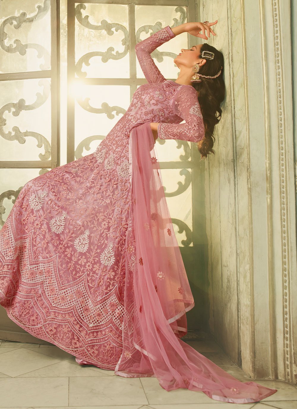 Anarkali Suit Net Pink Embroidered Salwar Kameez