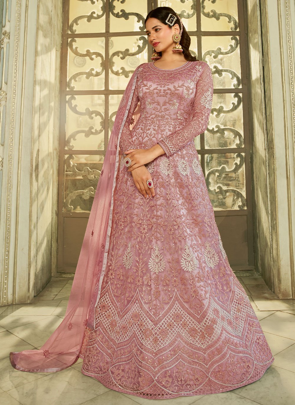 Anarkali Suit Net Pink Embroidered Salwar Kameez