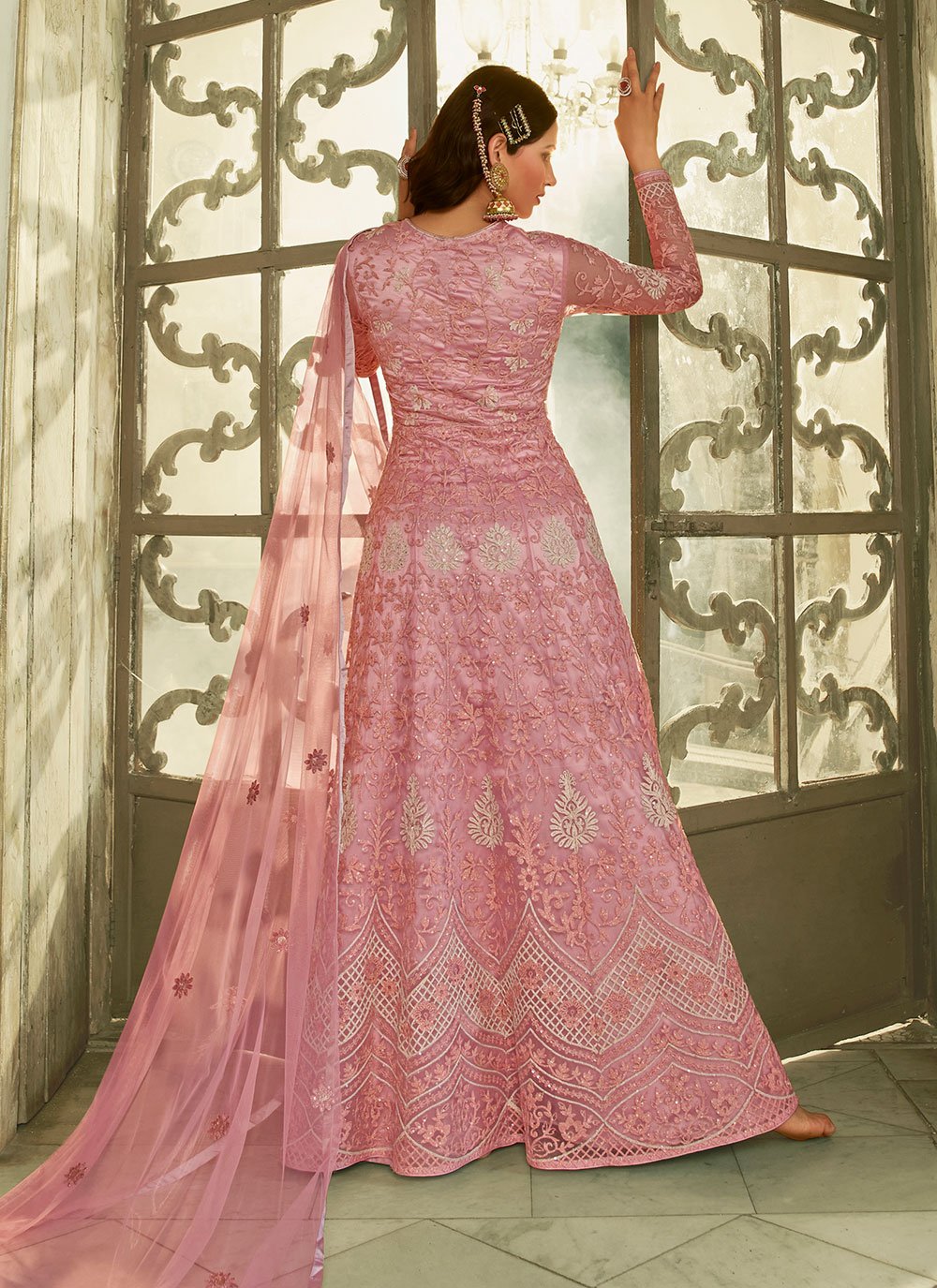 Anarkali Suit Net Pink Embroidered Salwar Kameez