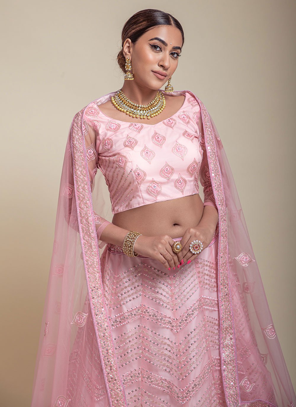 Lehenga Choli Net Pink Embroidered Lehenga Choli