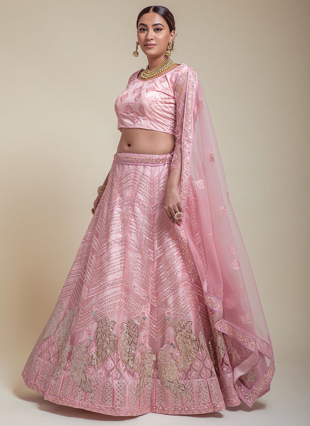 Lehenga Choli Net Pink Embroidered Lehenga Choli