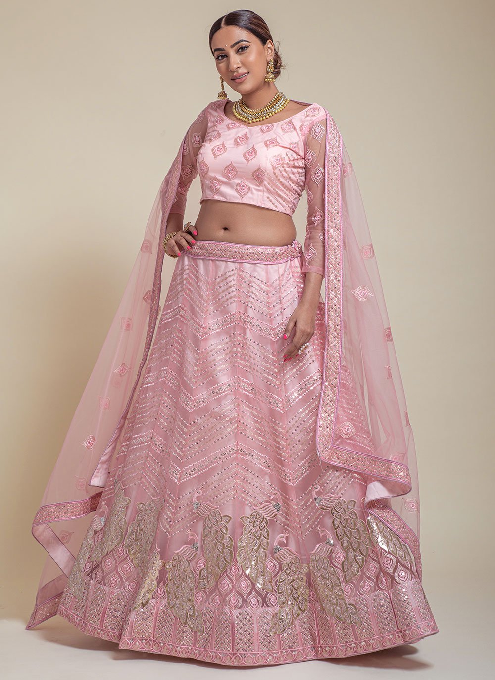 Lehenga Choli Net Pink Embroidered Lehenga Choli