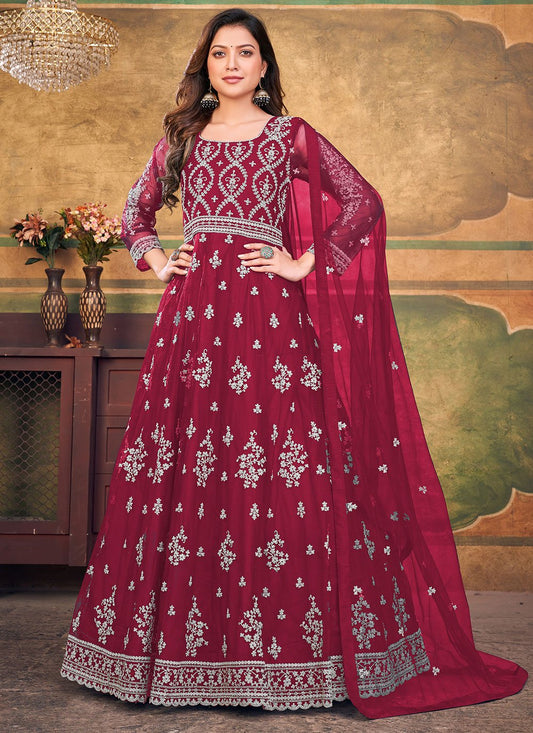 Salwar Suit Net Maroon Embroidered Salwar Kameez