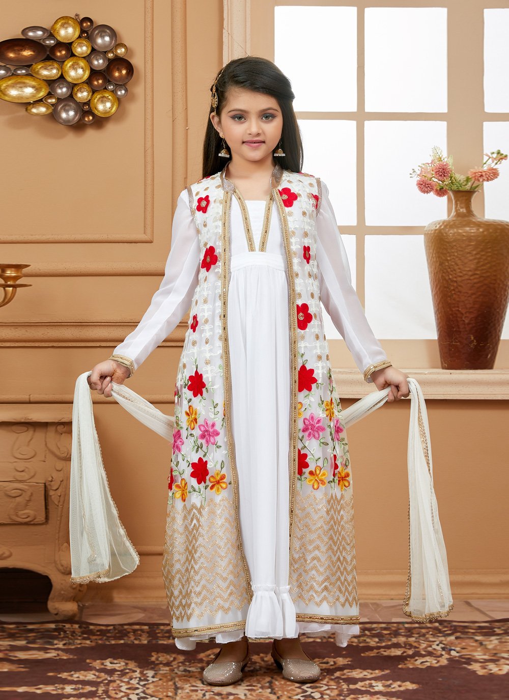 Salwar Suit Net Off White Embroidered Kids