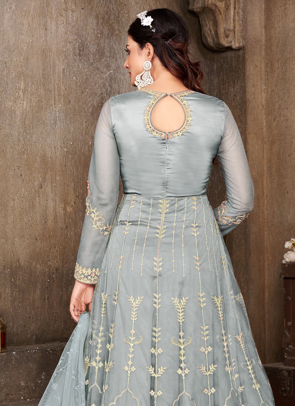 Floor Lenght Salwar Suit Net Blue Embroidered Salwar Kameez