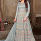 Floor Lenght Salwar Suit Net Blue Embroidered Salwar Kameez