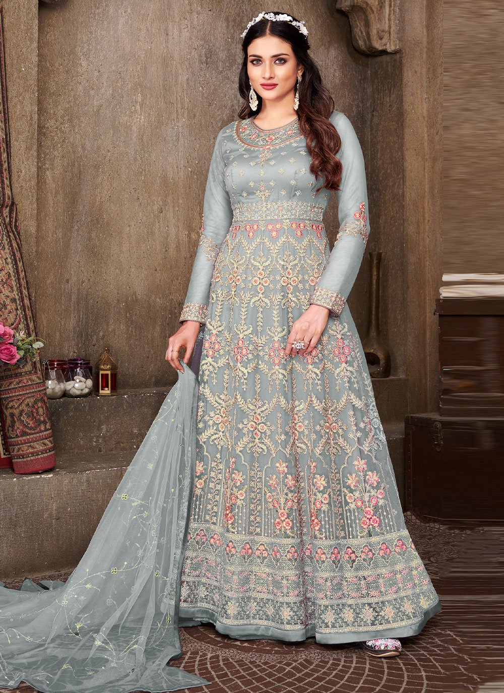 Floor Lenght Salwar Suit Net Blue Embroidered Salwar Kameez