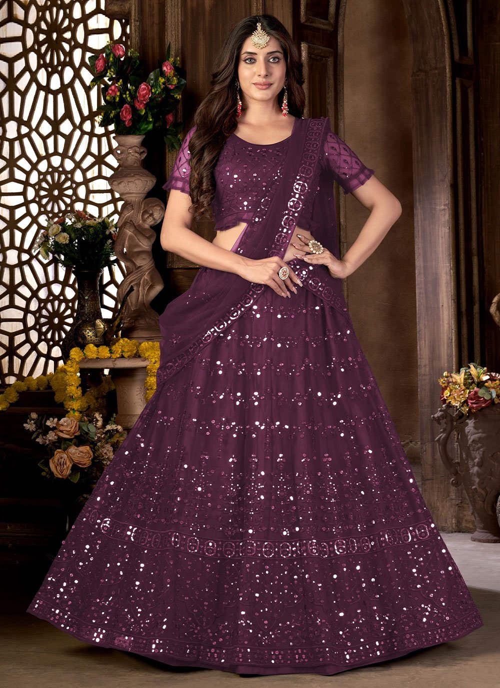 Lehenga Choli Net Purple Embroidered Lehenga Choli