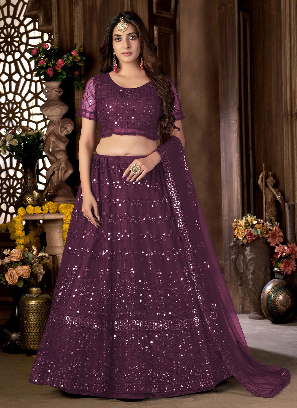 Lehenga Choli Net Purple Embroidered Lehenga Choli