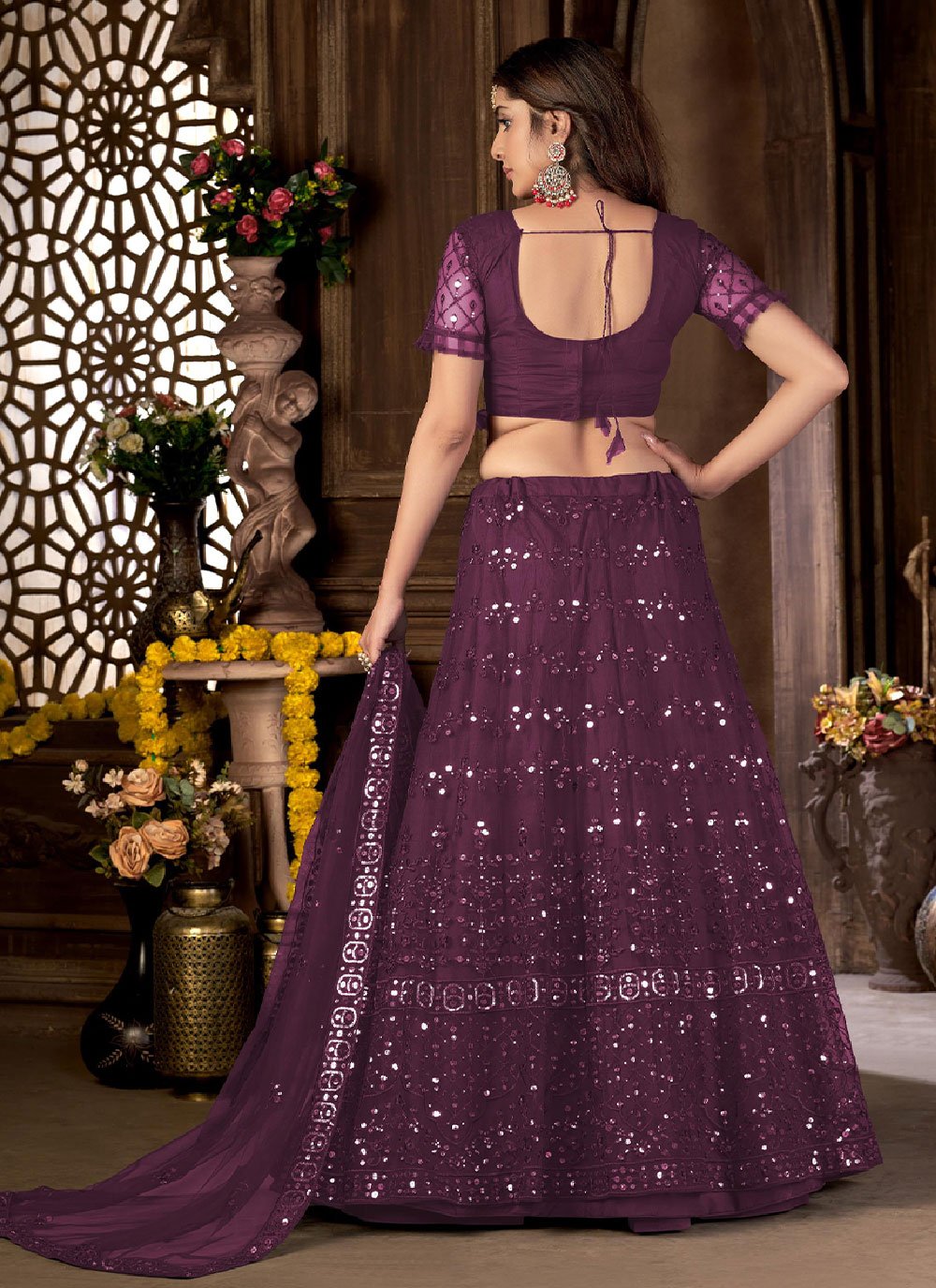 Lehenga Choli Net Purple Embroidered Lehenga Choli