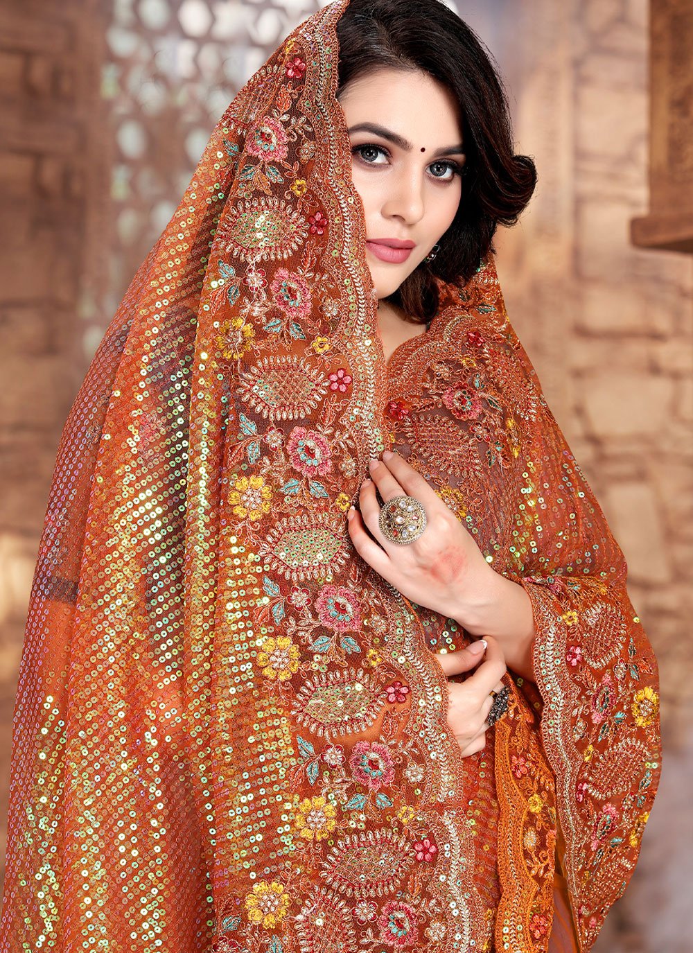 Classic Net Orange Embroidered Saree