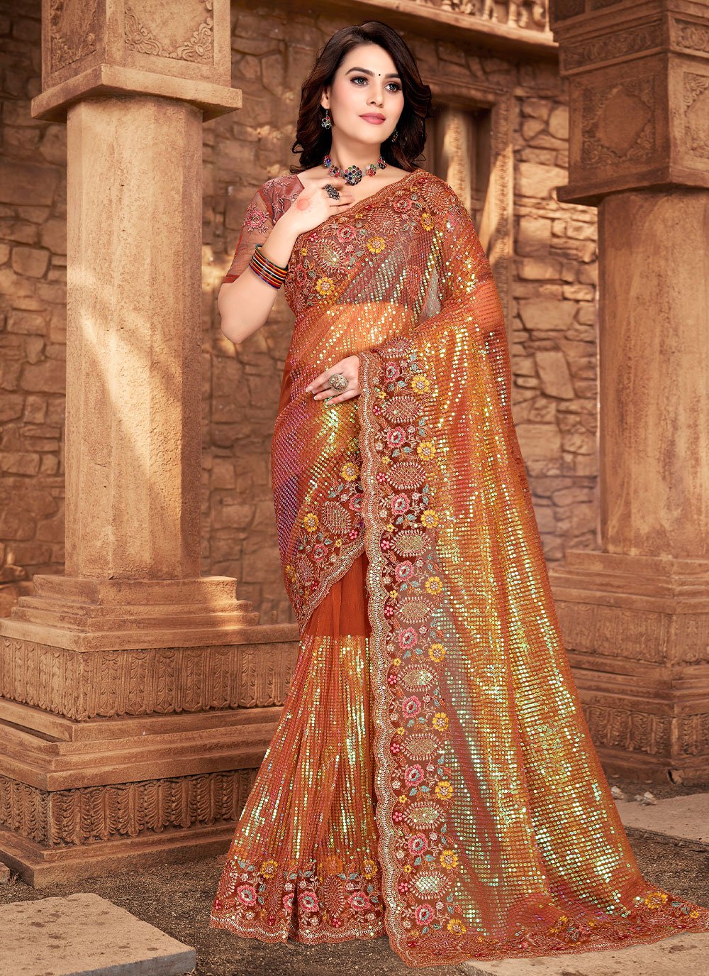 Classic Net Orange Embroidered Saree