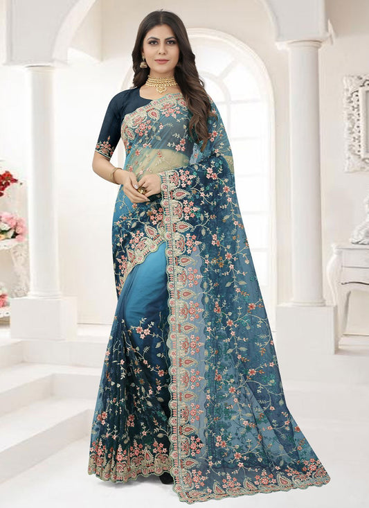 Trendy Saree Net Blue Embroidered Saree