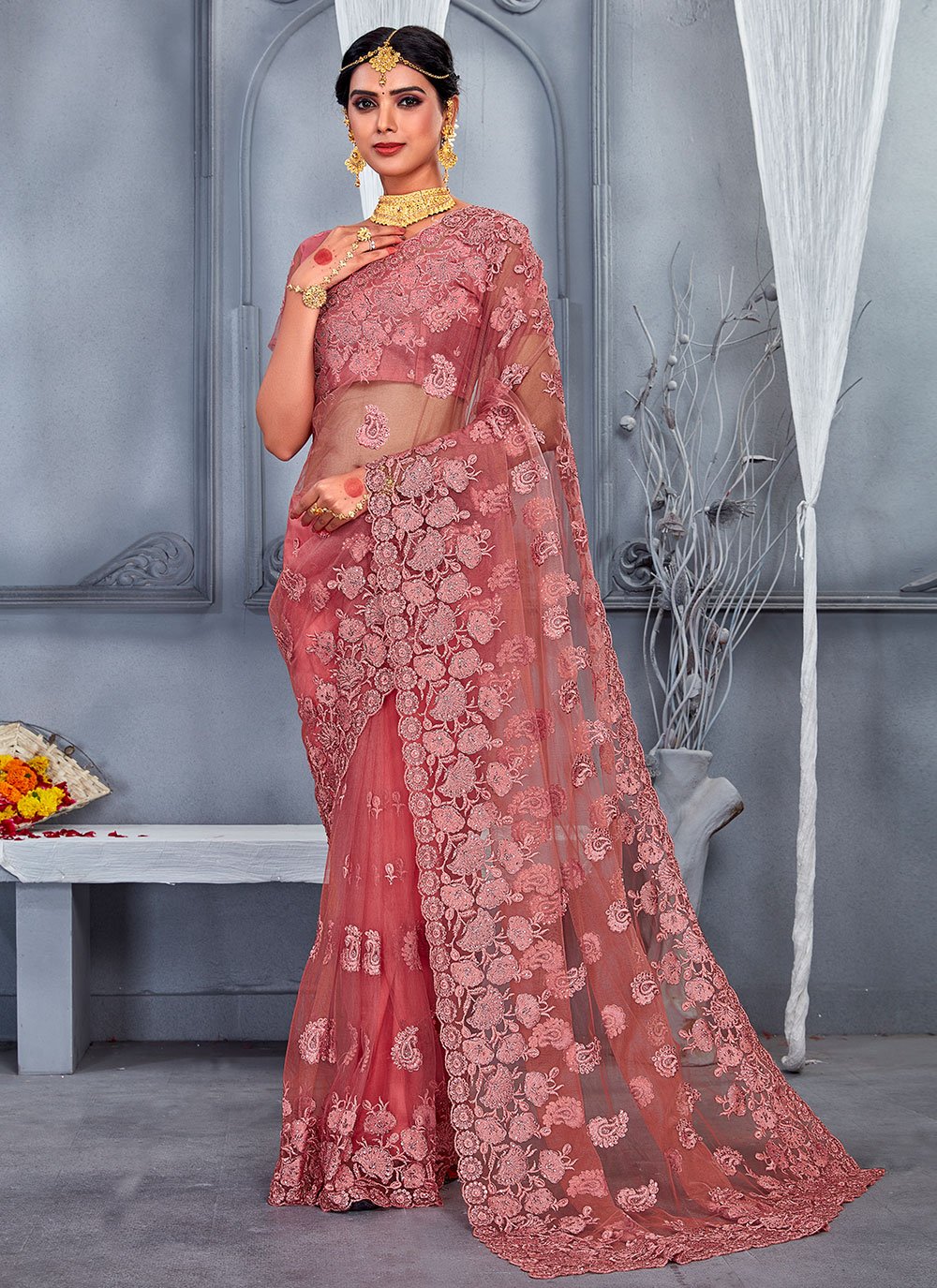 Classic Net Pink Embroidered Saree