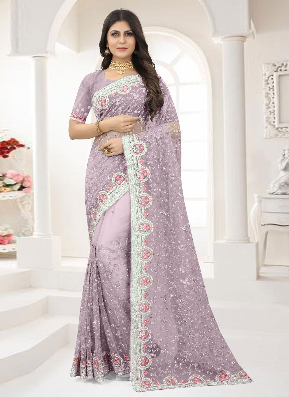 Classic Net Lavender Embroidered Saree