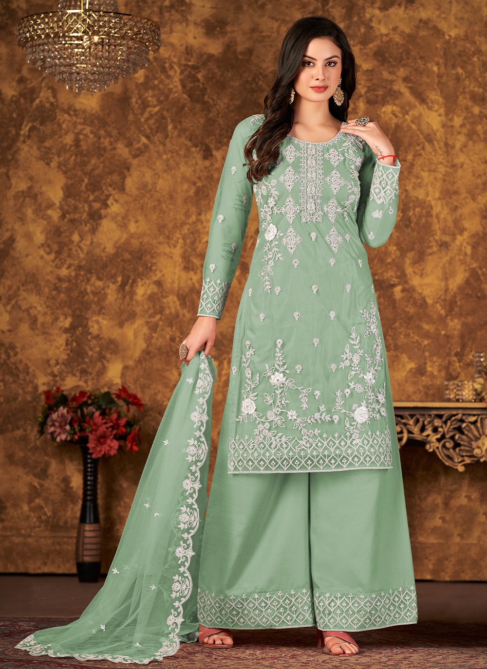 Pakistani Salwar Suit Net Sea Green Cord Work Salwar Kameez