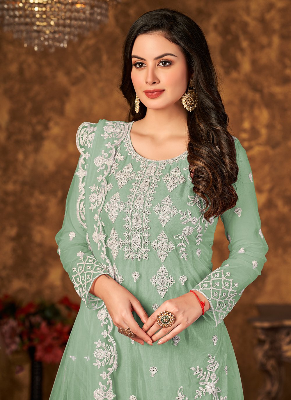 Pakistani Salwar Suit Net Sea Green Cord Work Salwar Kameez