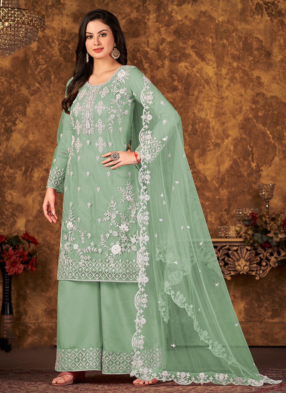 Pakistani Salwar Suit Net Sea Green Cord Work Salwar Kameez