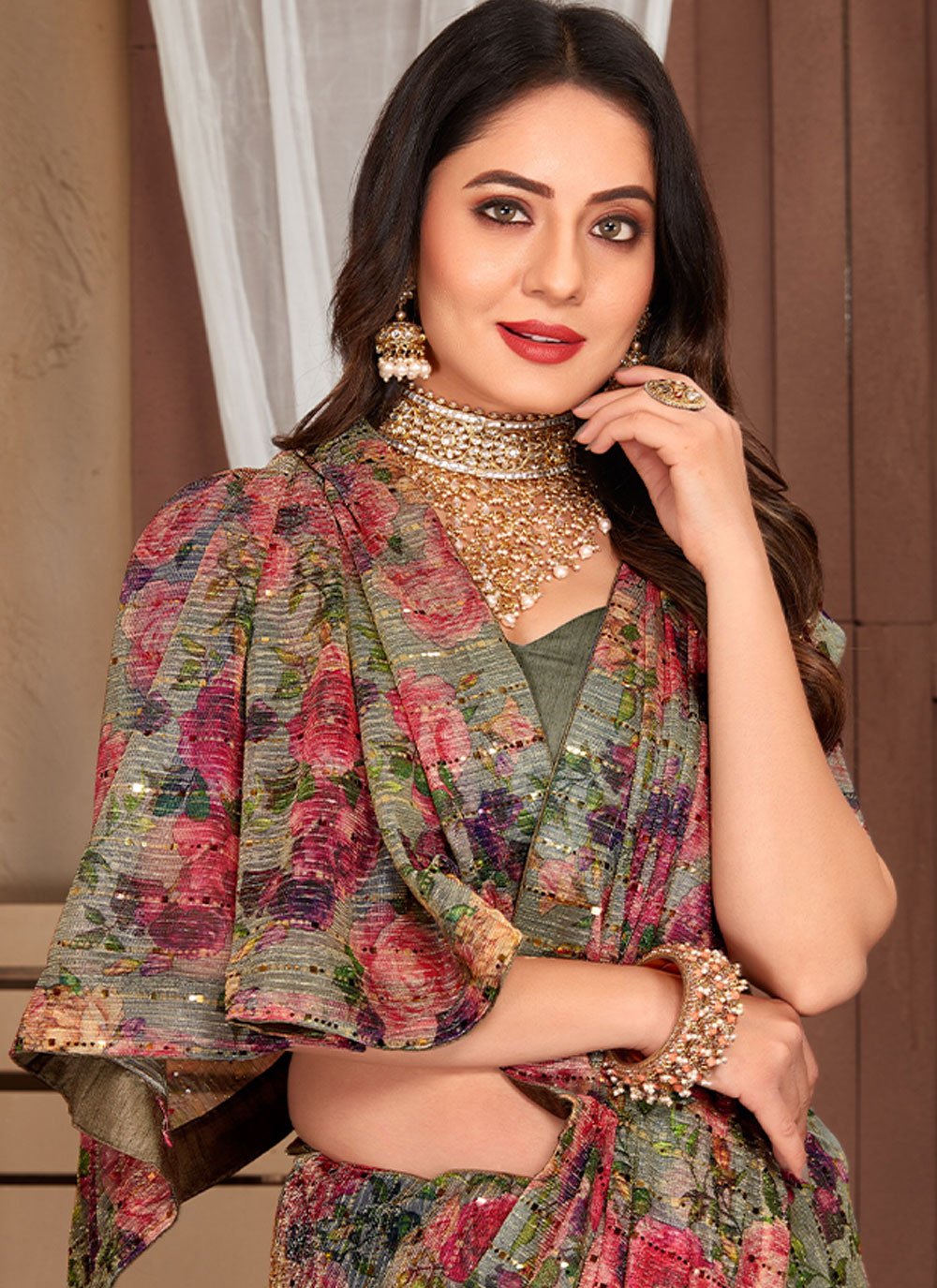 Classic Net Sea Green Digital Print Saree