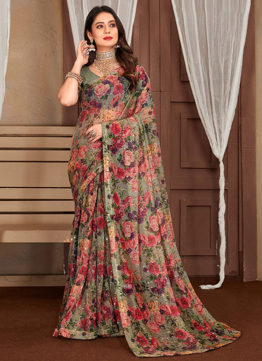 Classic Net Sea Green Digital Print Saree