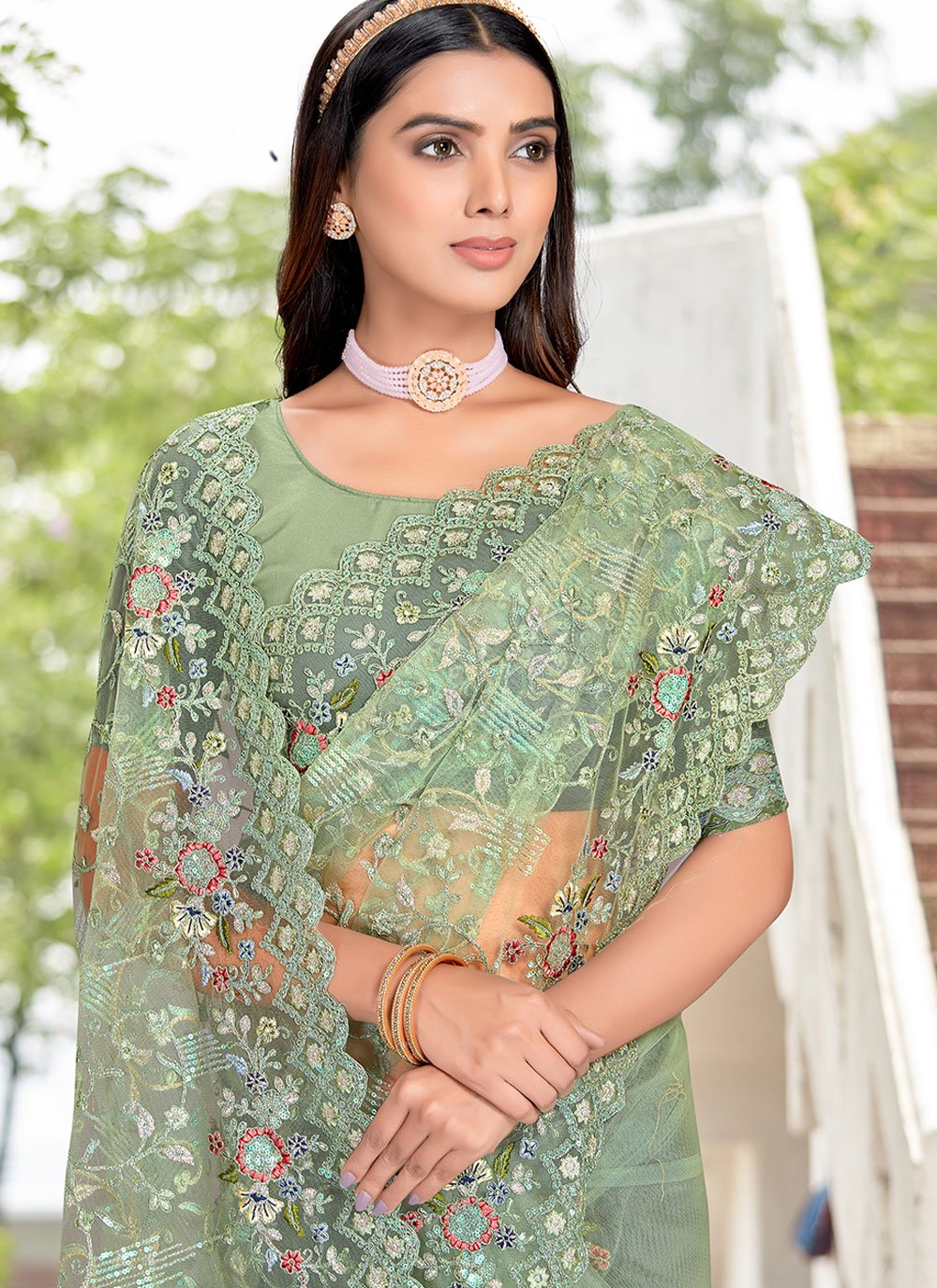 Classic Net Sea Green Embroidered Saree