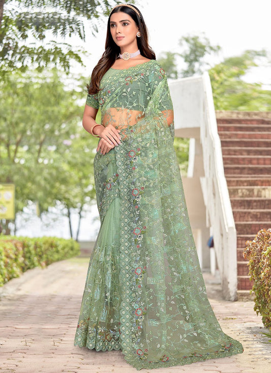 Classic Net Sea Green Embroidered Saree