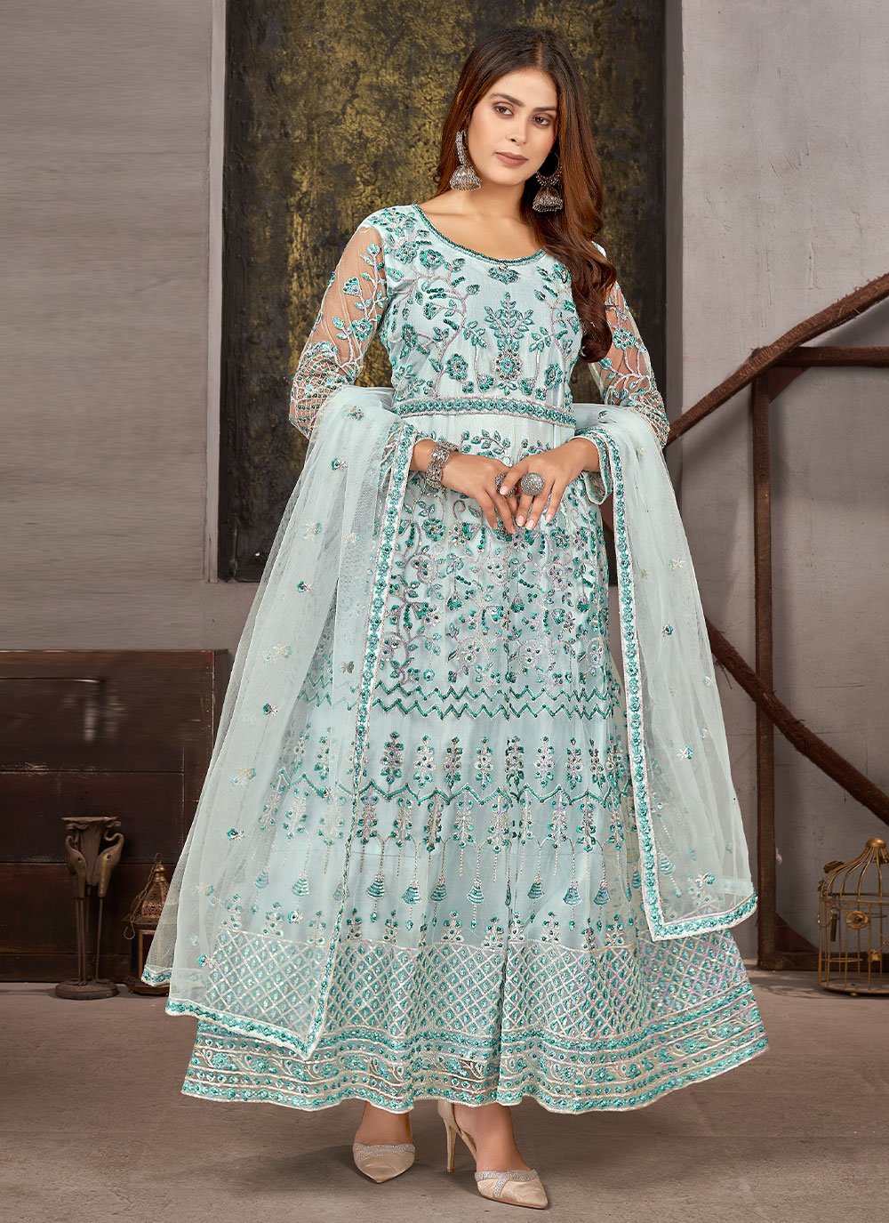 Salwar Suit Net Sea Green Diamond Salwar Kameez