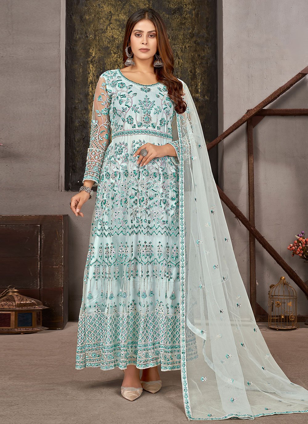 Salwar Suit Net Sea Green Diamond Salwar Kameez