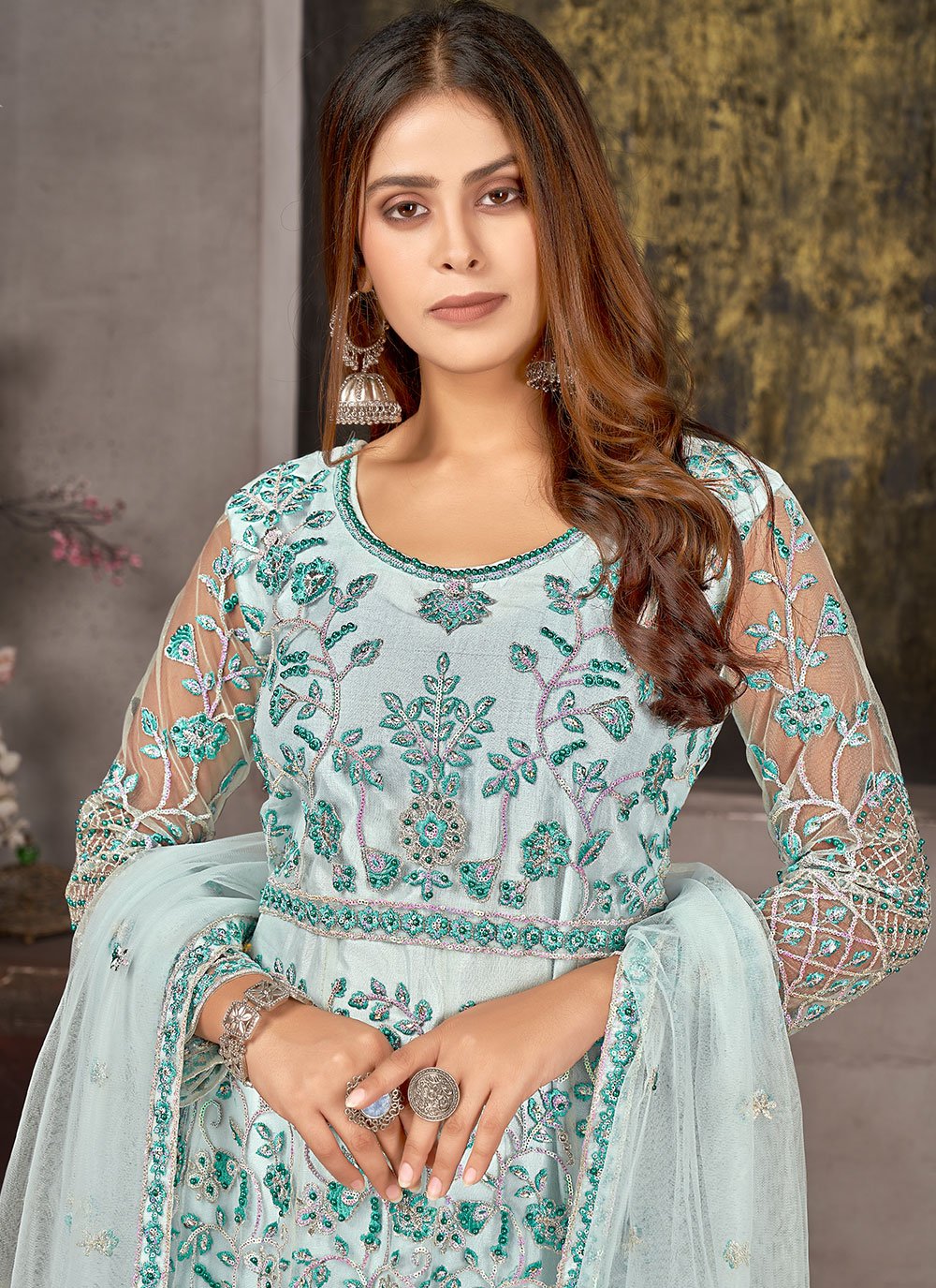 Salwar Suit Net Sea Green Diamond Salwar Kameez