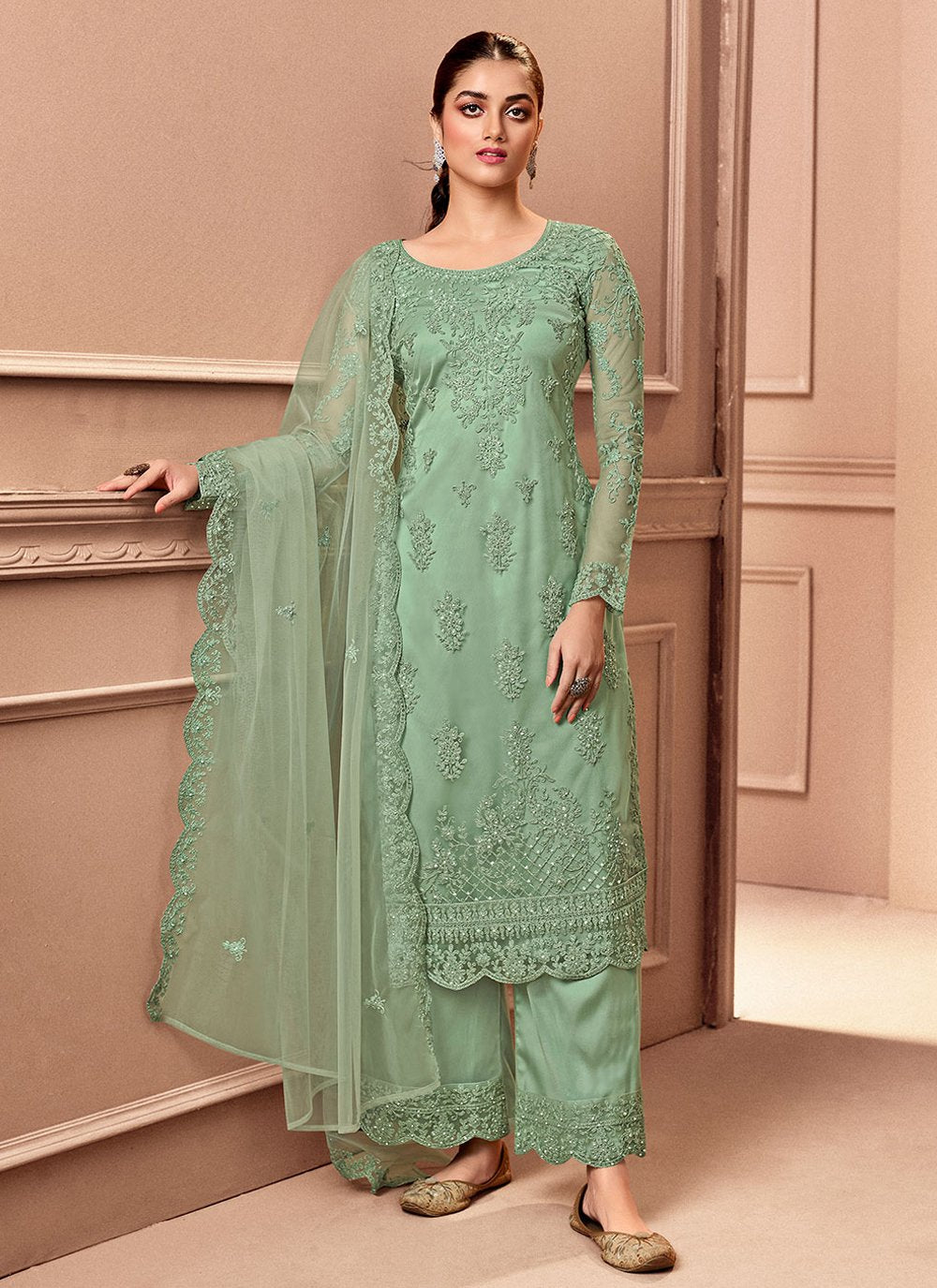 Straight Salwar Suit Net Sea Green Embroidered Salwar Kameez