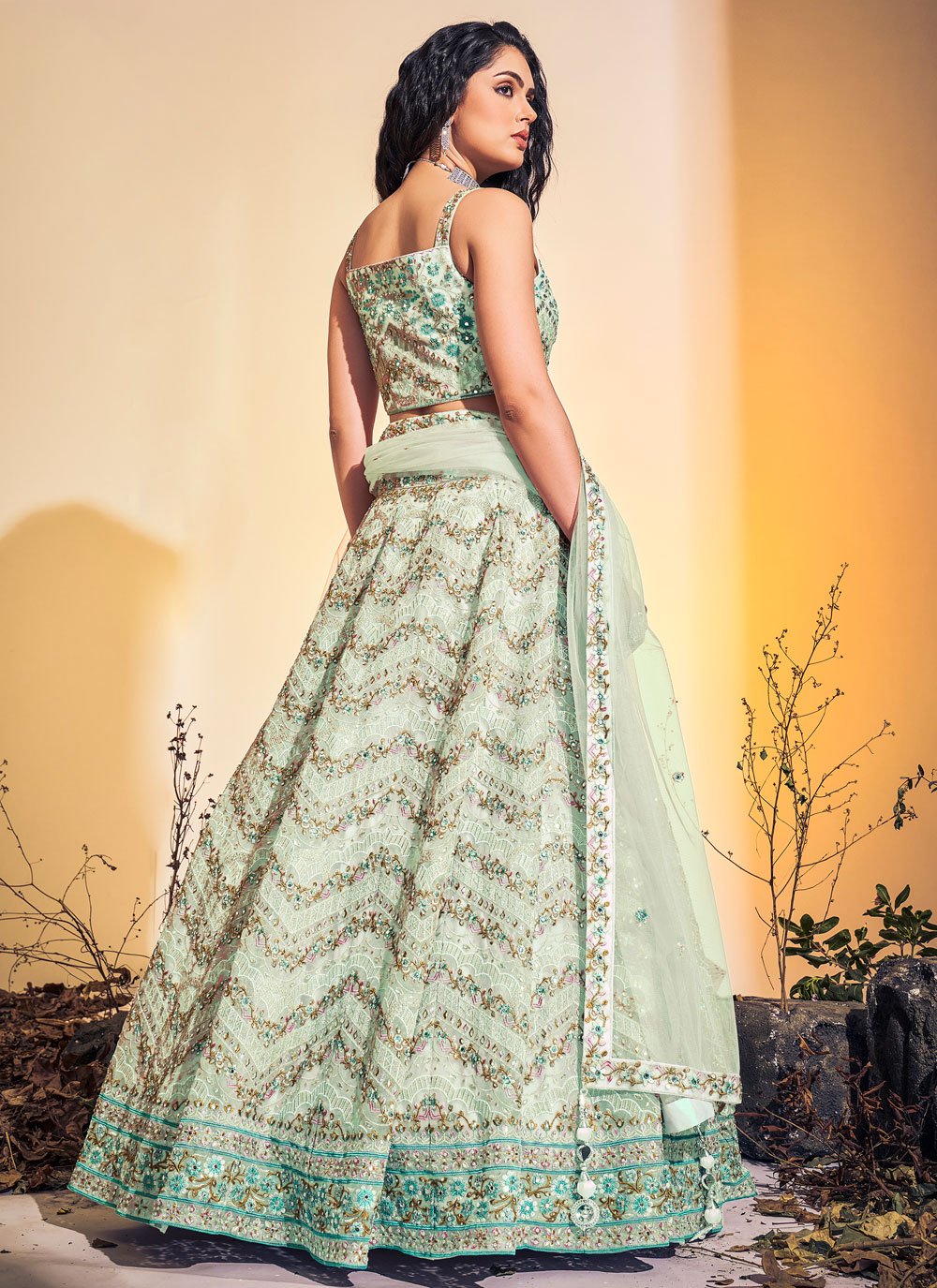 Readymade Lehenga Choli Net Sea Green Hand Work Lehenga Choli