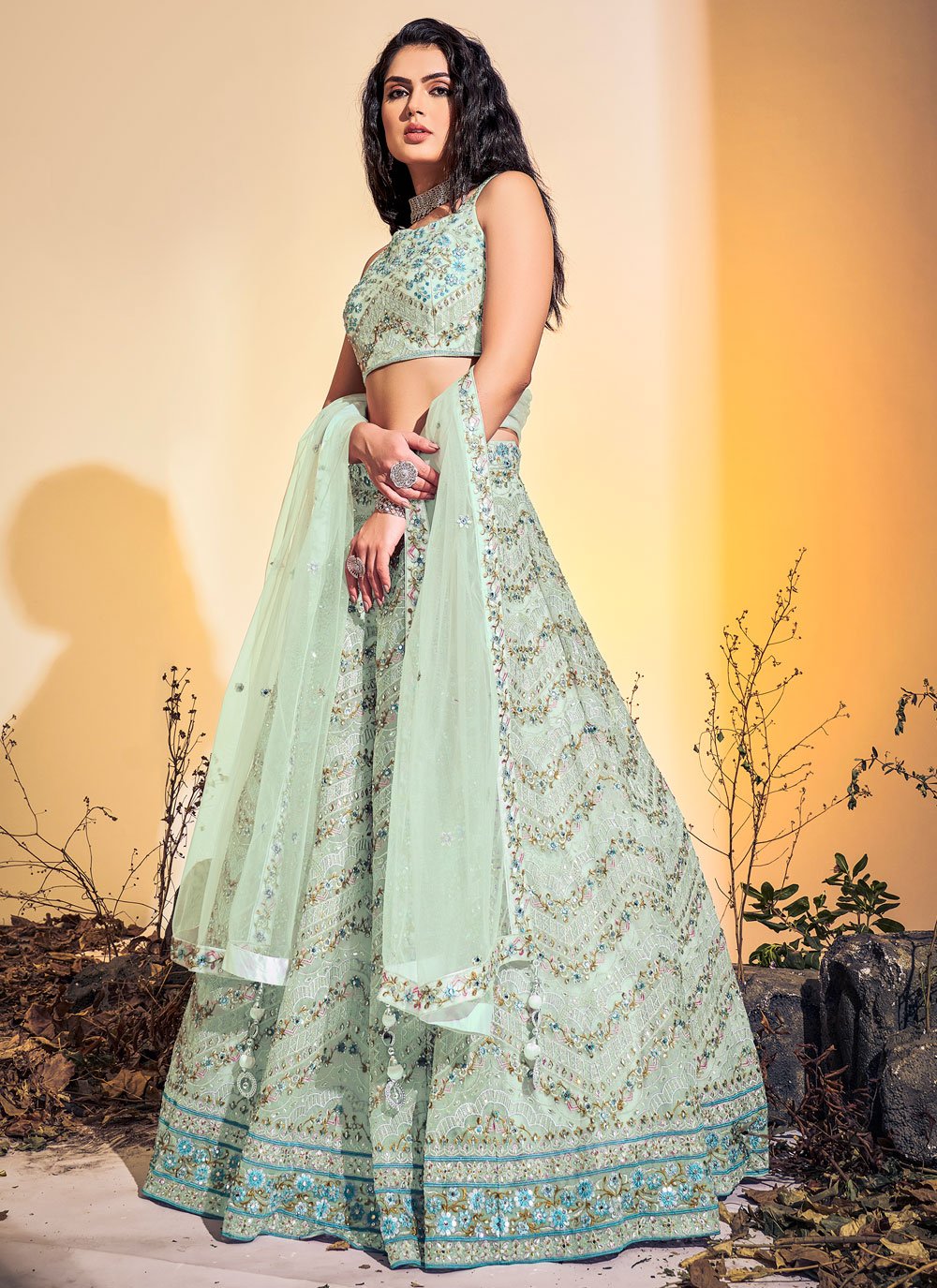 Readymade Lehenga Choli Net Sea Green Hand Work Lehenga Choli