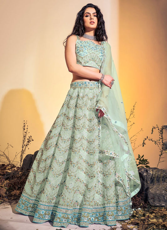 Readymade Lehenga Choli Net Sea Green Hand Work Lehenga Choli