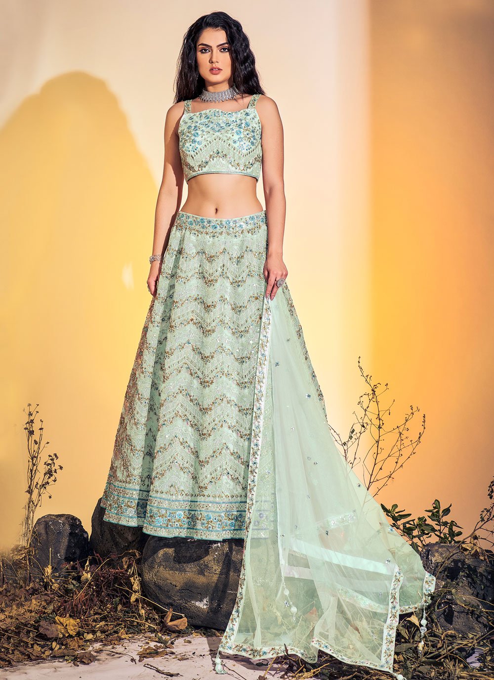 Readymade Lehenga Choli Net Sea Green Hand Work Lehenga Choli