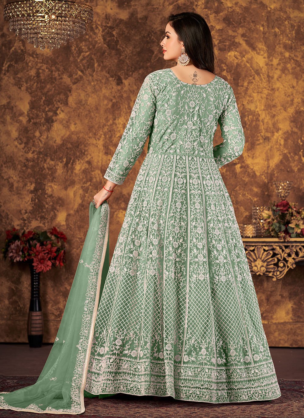 Salwar Suit Net Sea Green Cord Work Salwar Kameez