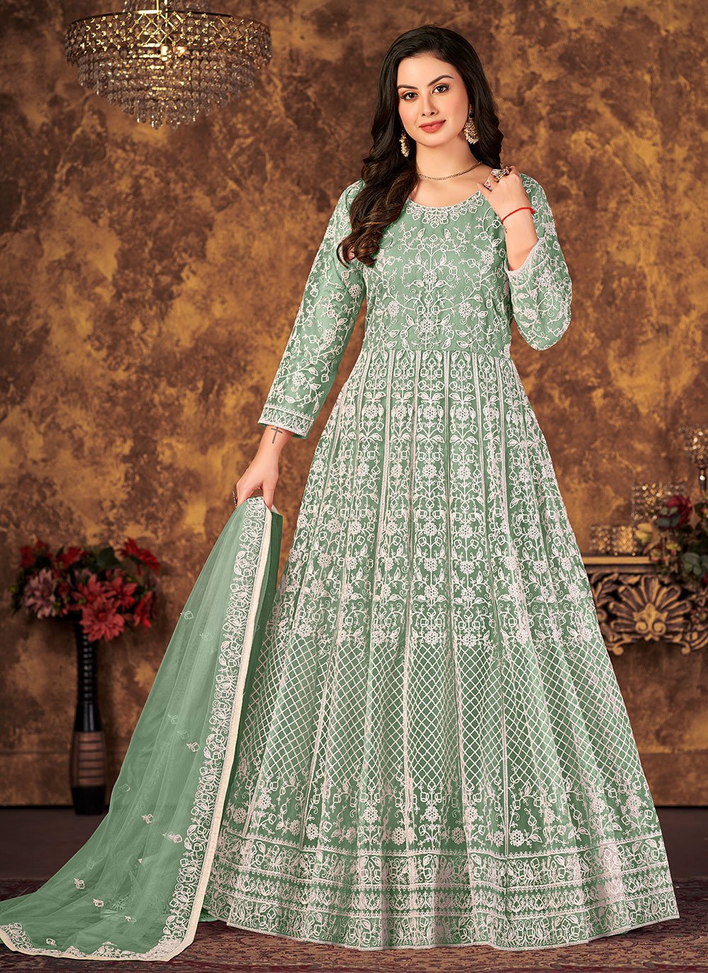 Salwar Suit Net Sea Green Cord Work Salwar Kameez