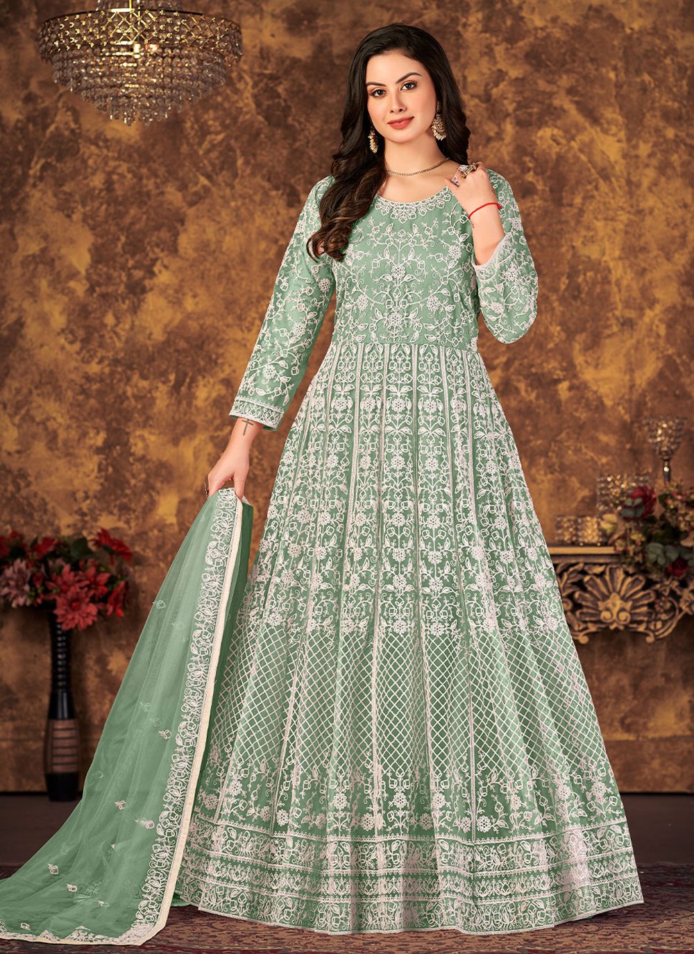 Salwar Suit Net Sea Green Cord Work Salwar Kameez