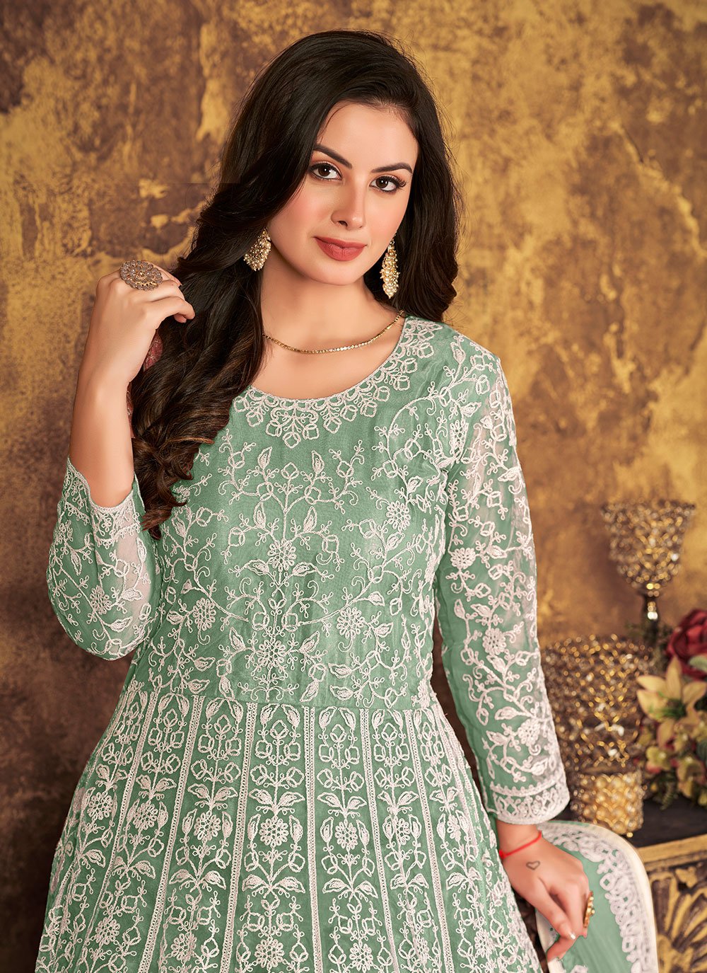 Salwar Suit Net Sea Green Cord Work Salwar Kameez