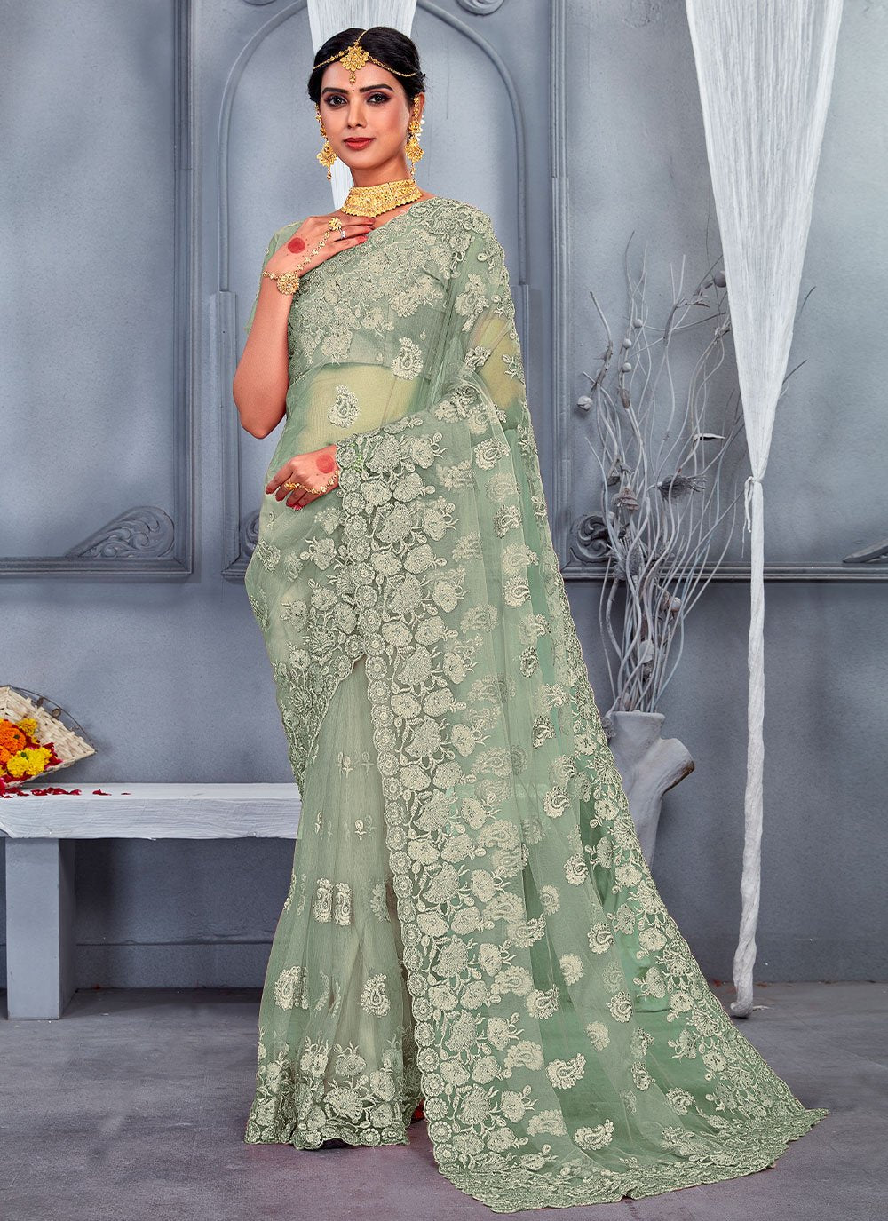 Trendy Saree Net Sea Green Embroidered Saree