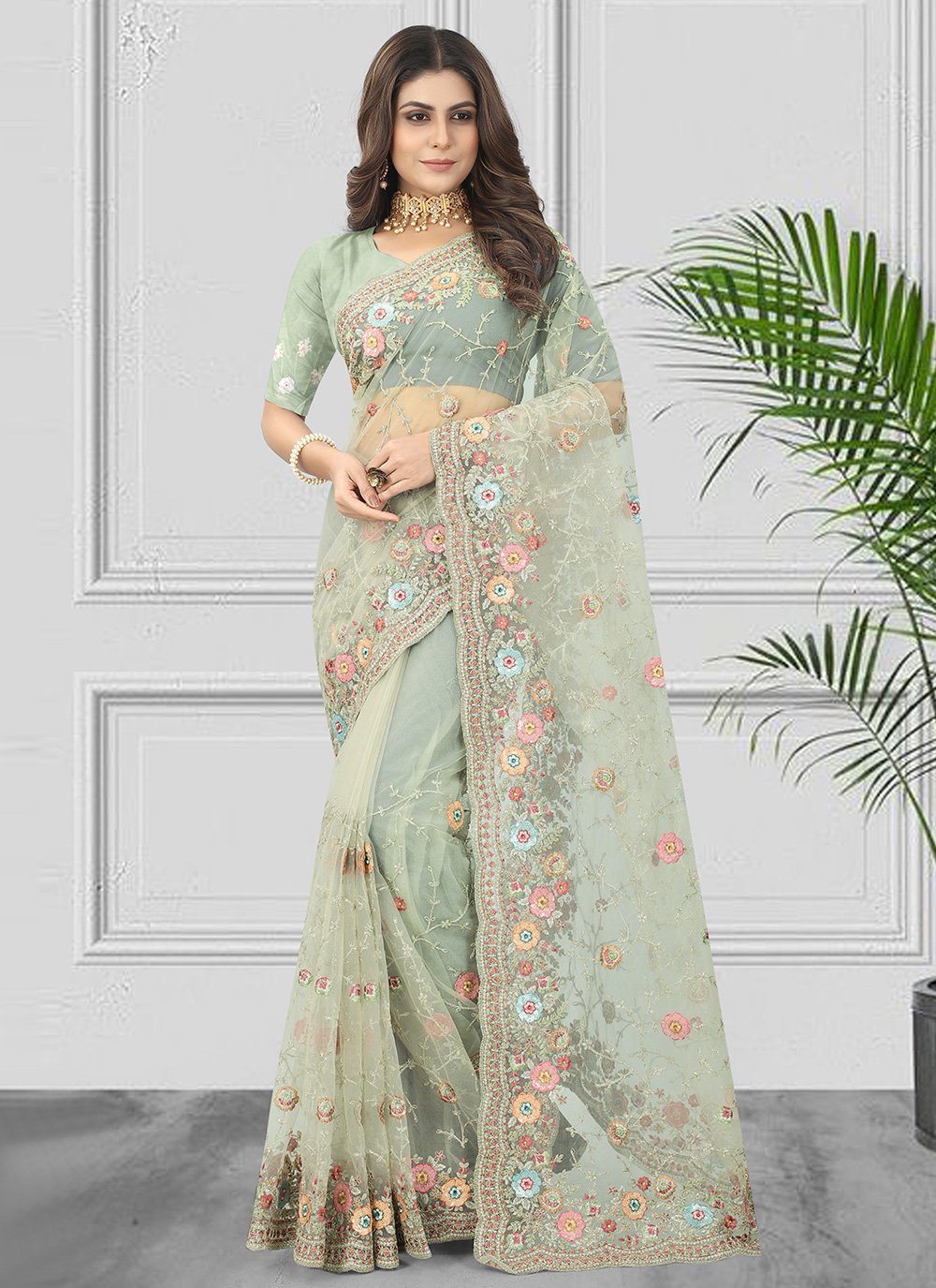 Trendy Saree Net Sea Green Embroidered Saree