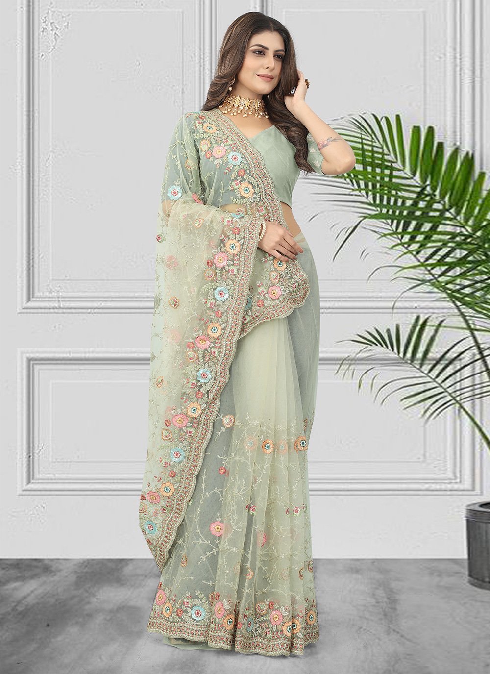 Trendy Saree Net Sea Green Embroidered Saree