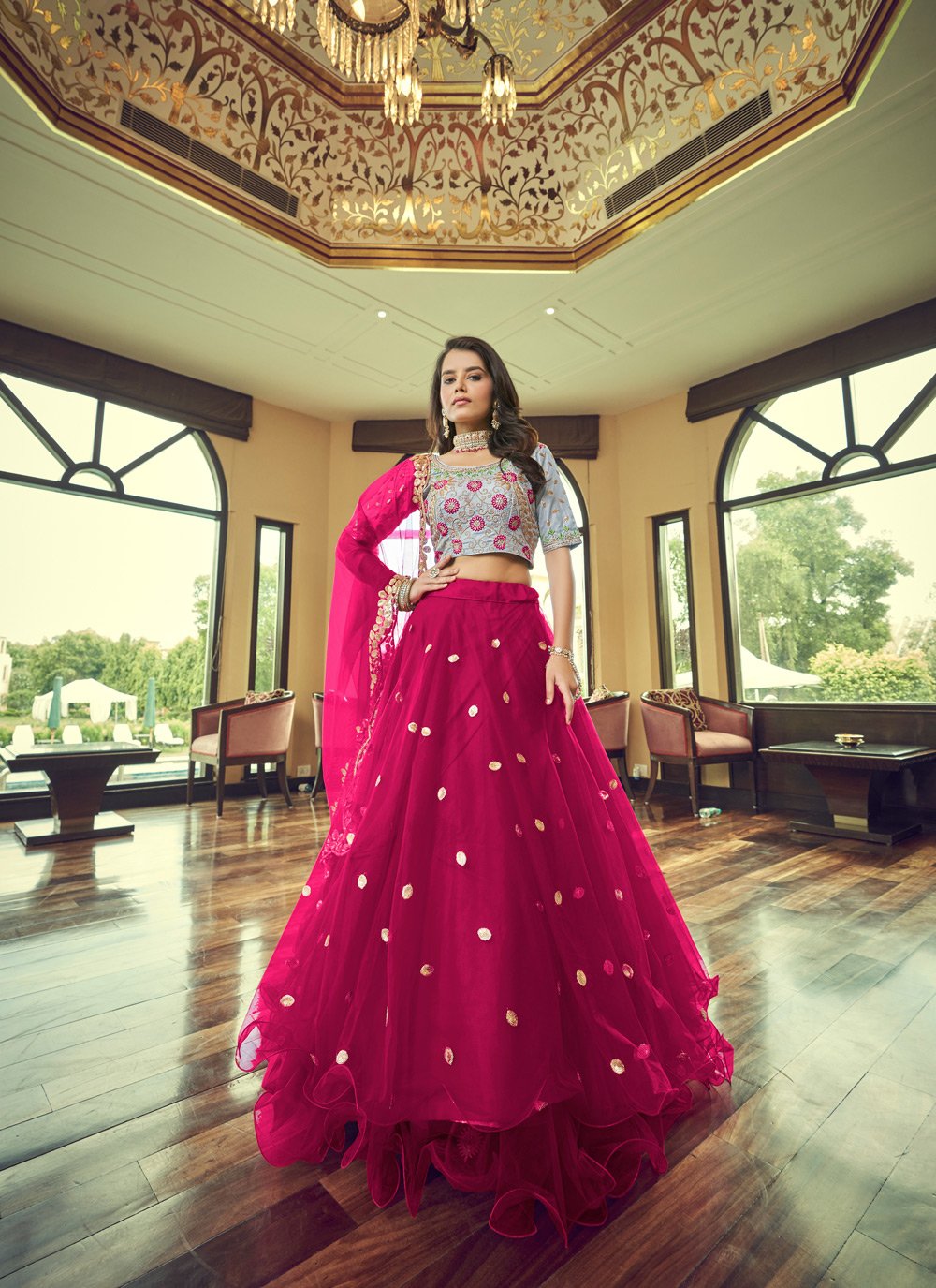 A Line Lehenga Net Hot Pink Embroidered Lehenga Choli