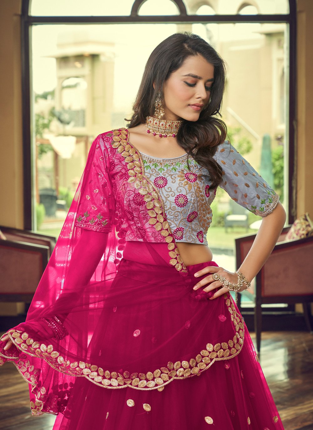 A Line Lehenga Net Hot Pink Embroidered Lehenga Choli