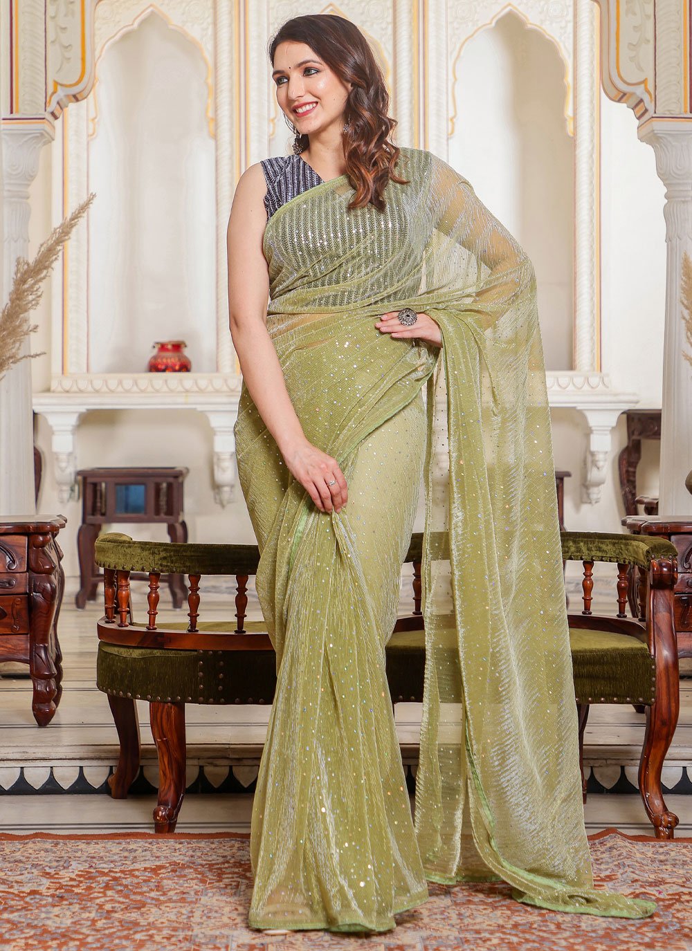 Contemporary Net Sea Green Sequins Saree