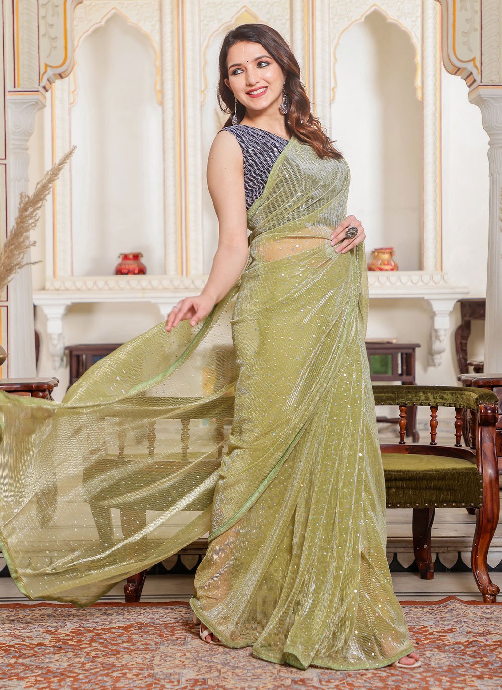 Contemporary Net Sea Green Sequins Saree