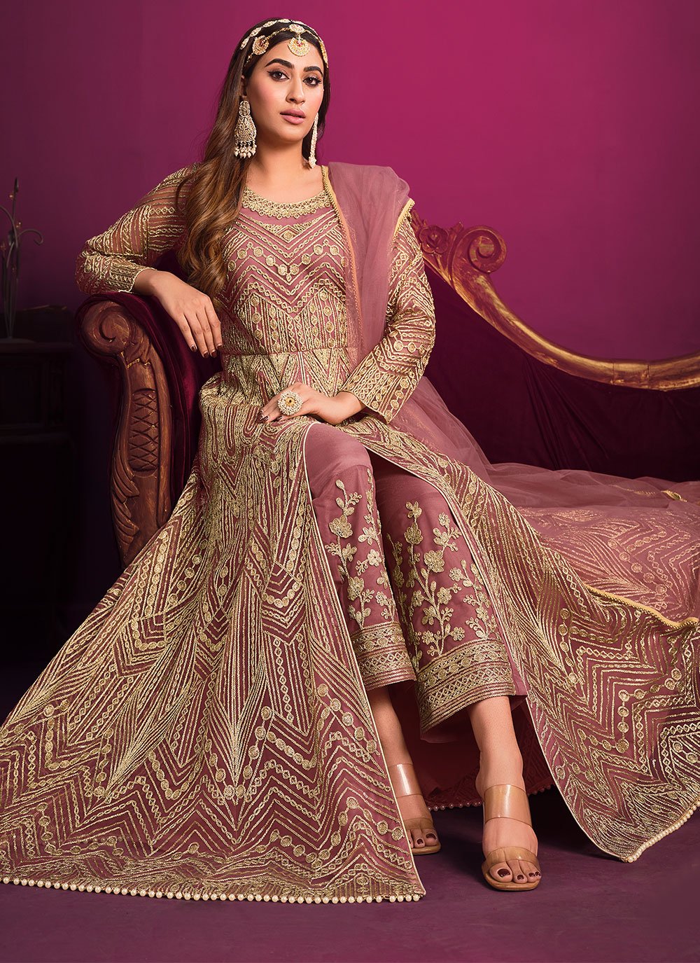 Floor Lenght Salwar Suit Net Pink Embroidered Salwar Kameez