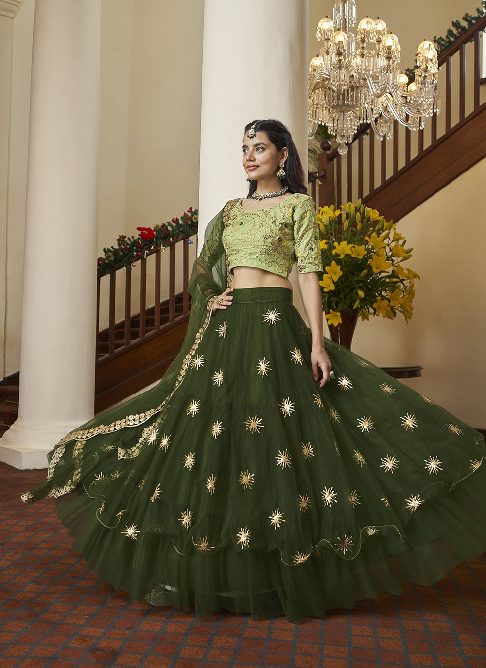 A Line Lehenga Net Green Embroidered Lehenga Choli