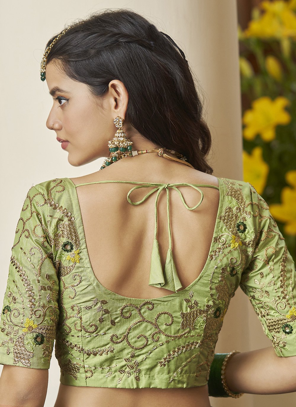 A Line Lehenga Net Green Embroidered Lehenga Choli