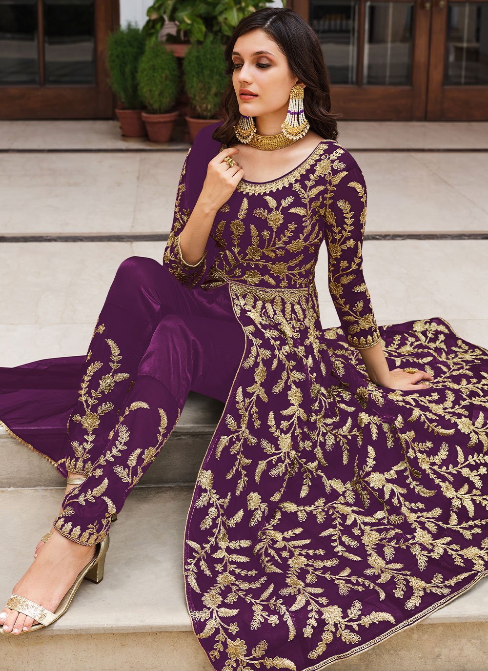 Floor Lenght Salwar Suit Net Purple Cord Work Salwar Kameez