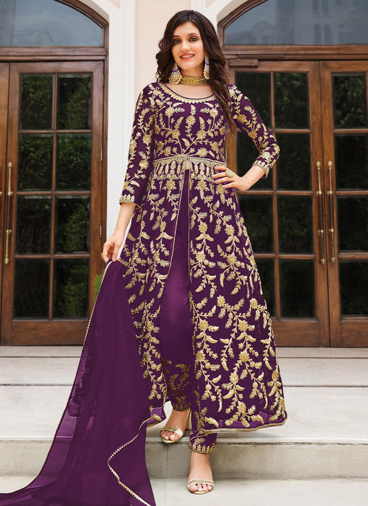 Floor Lenght Salwar Suit Net Purple Cord Work Salwar Kameez